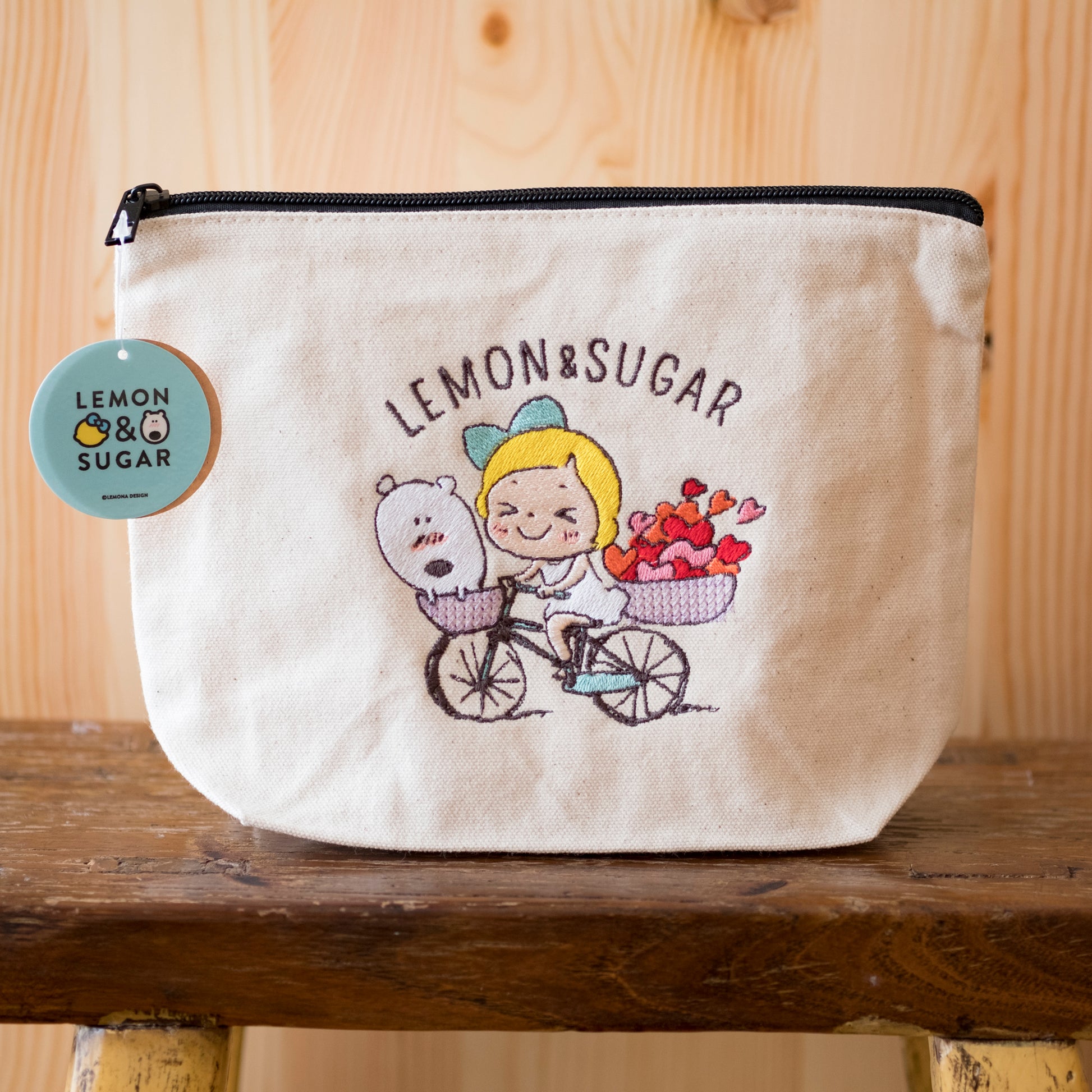 刺繍ポーチL　自転車デート - レモン＆シュガー
