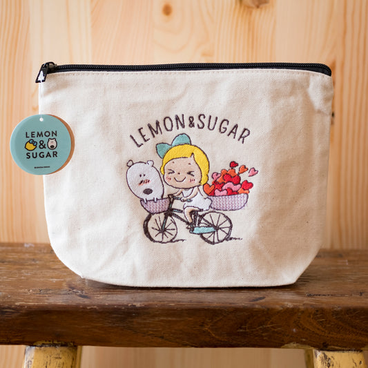 刺繍ポーチL　自転車デート - レモン＆シュガー